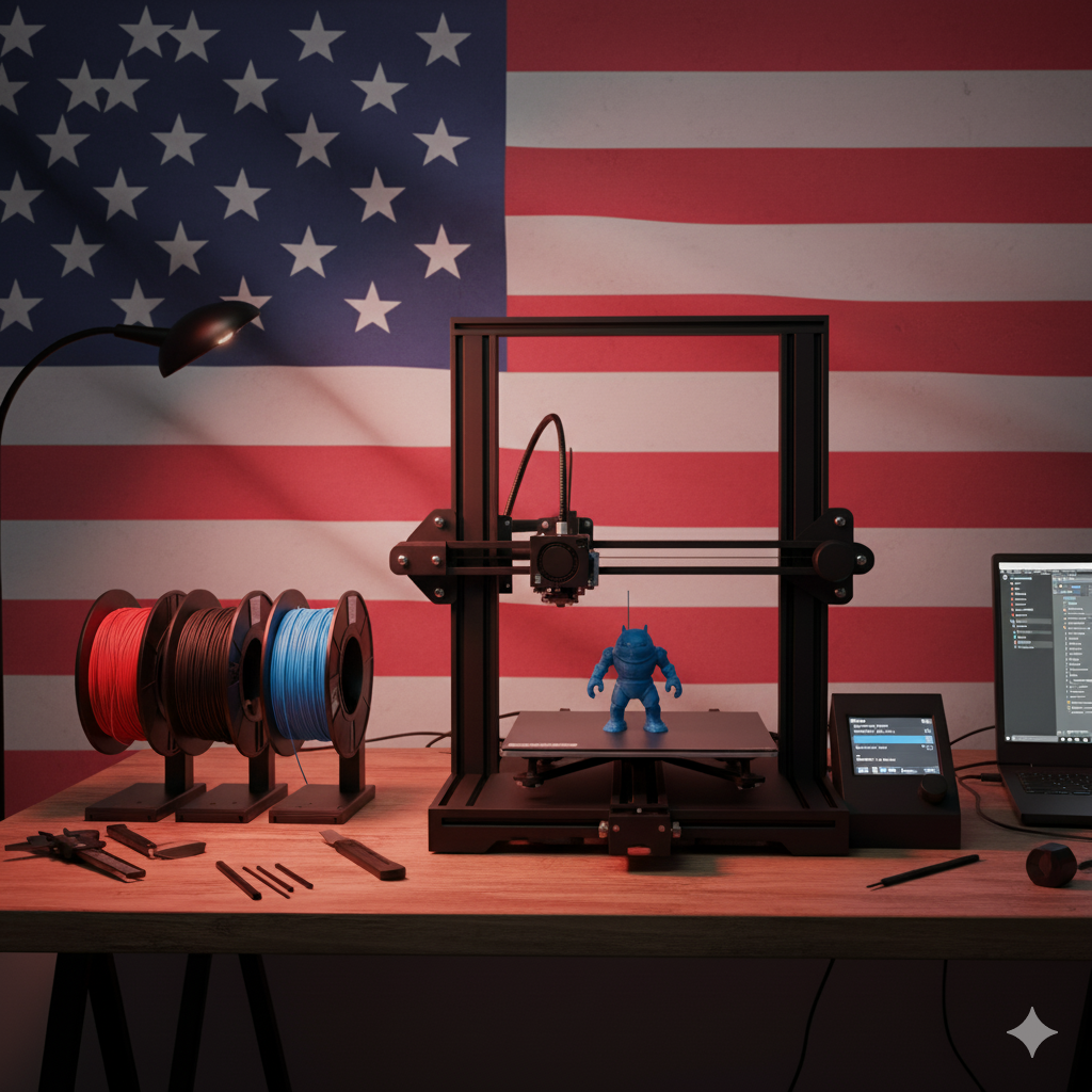 3D printer in use with a blue model on a wooden table in front of an American flag.