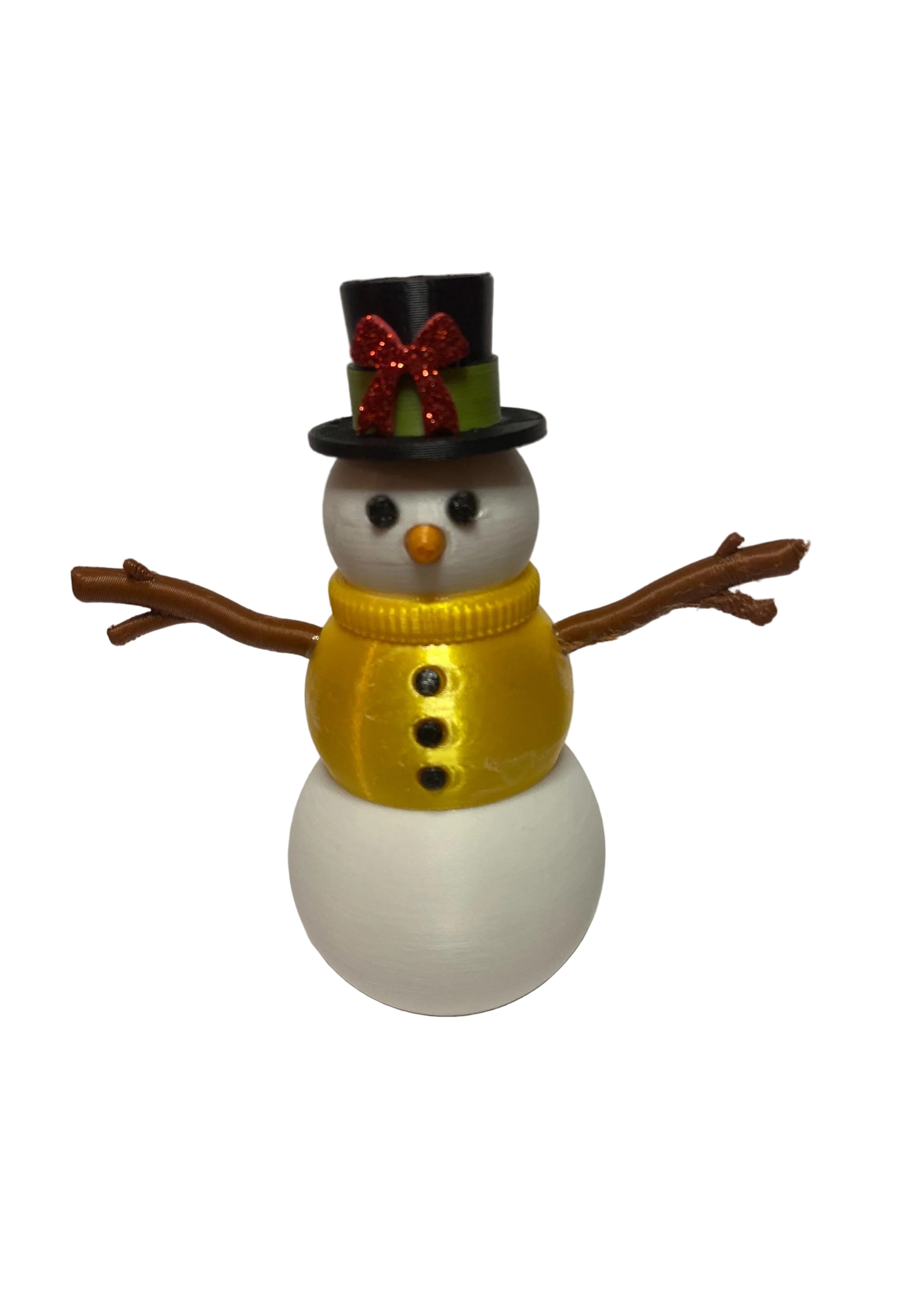 Decorative snowman figurine with a gold sweater, black top hat, and red bow on a white background
